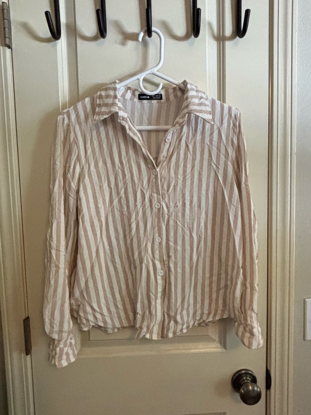 SHEIN Cream and Taupe Striped Button-Down Blouse